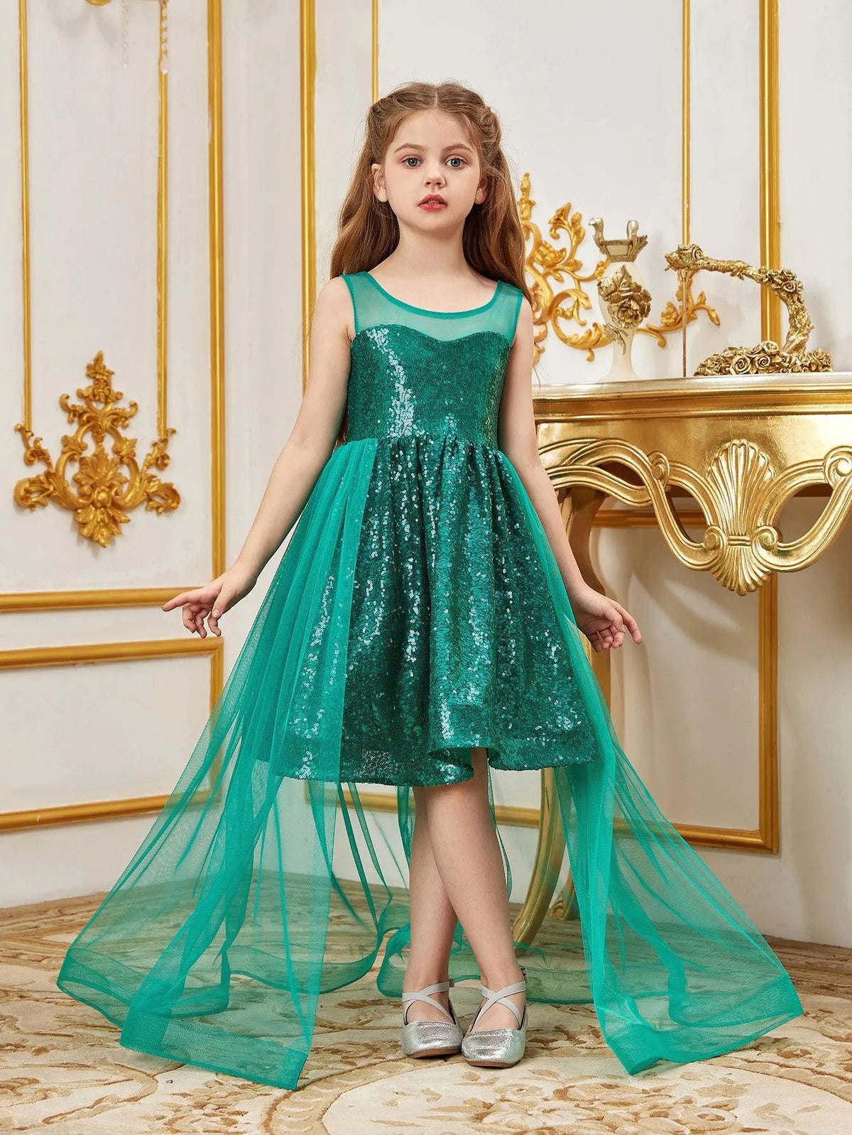 Alternate view of Contrast Mesh Sequin A-Line Sleeveless Midi Tween Girls' Party Dress in Dark Green