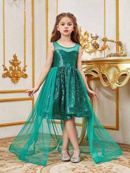 Alternate view of Contrast Mesh Sequin A-Line Sleeveless Midi Tween Girls' Party Dress in Dark Green