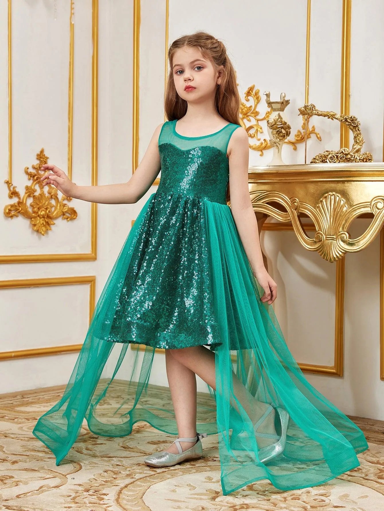 Additional product view of Contrast Mesh Sequin A-Line Sleeveless Midi Tween Girls' Party Dress