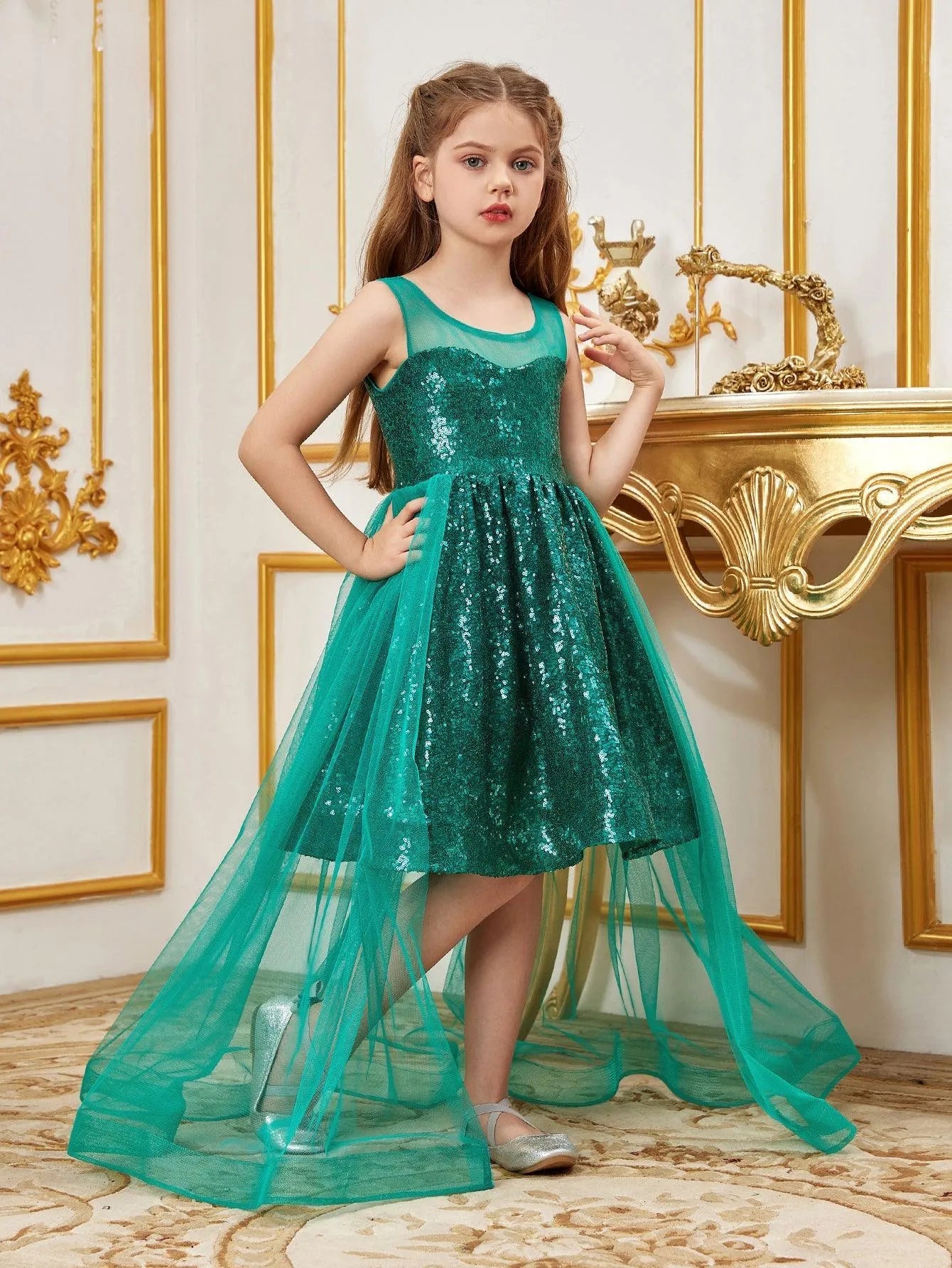 Additional product view of Contrast Mesh Sequin A-Line Sleeveless Midi Tween Girls' Party Dress