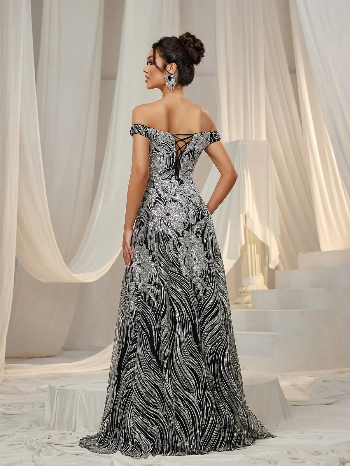 Elegant Off Shoulder Graphic Sequin Formal Prom Dress Evening Dress