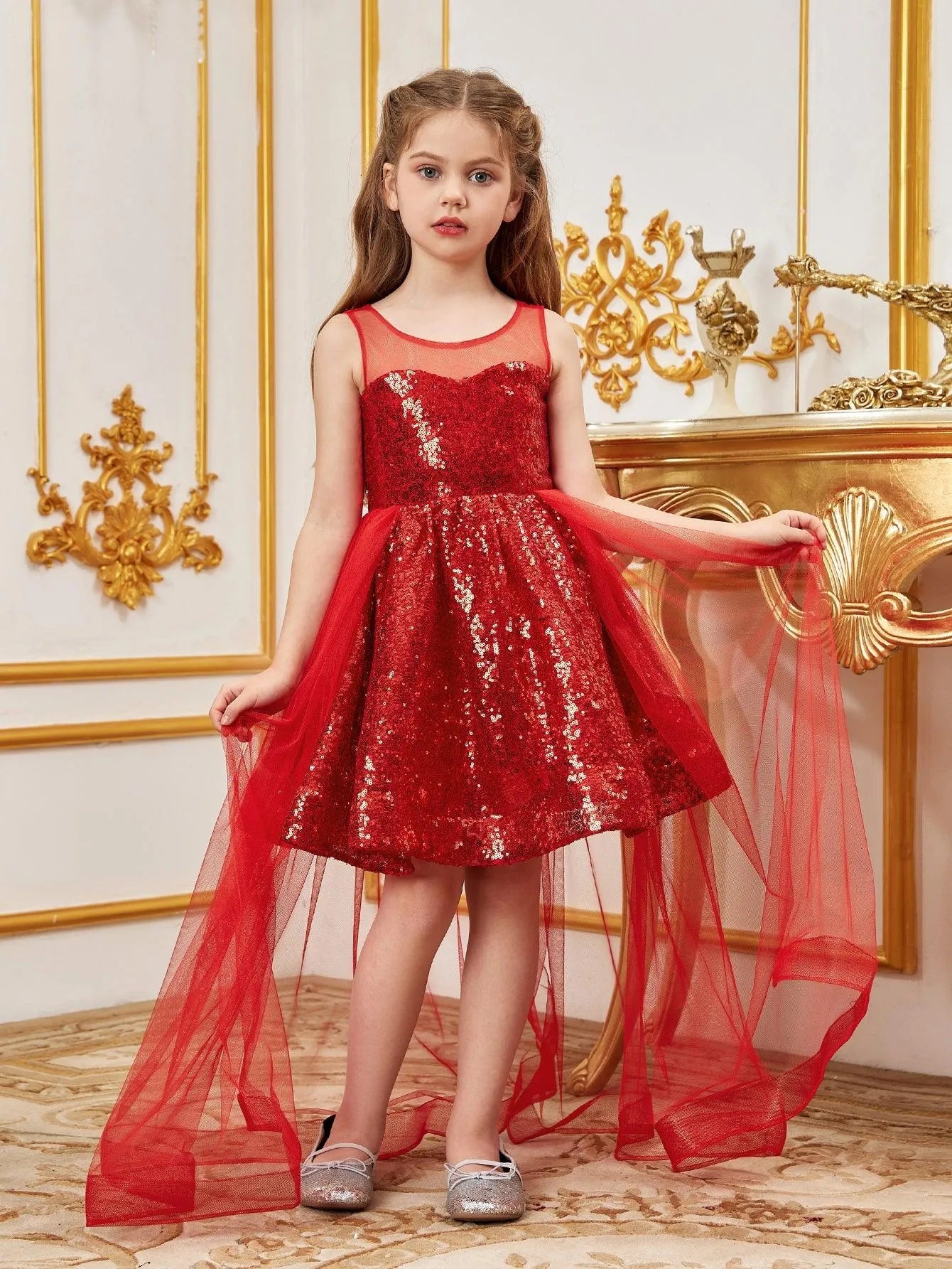 Contrast Mesh Sequin A-Line Sleeveless Midi Tween Girls' Party Dress in Red