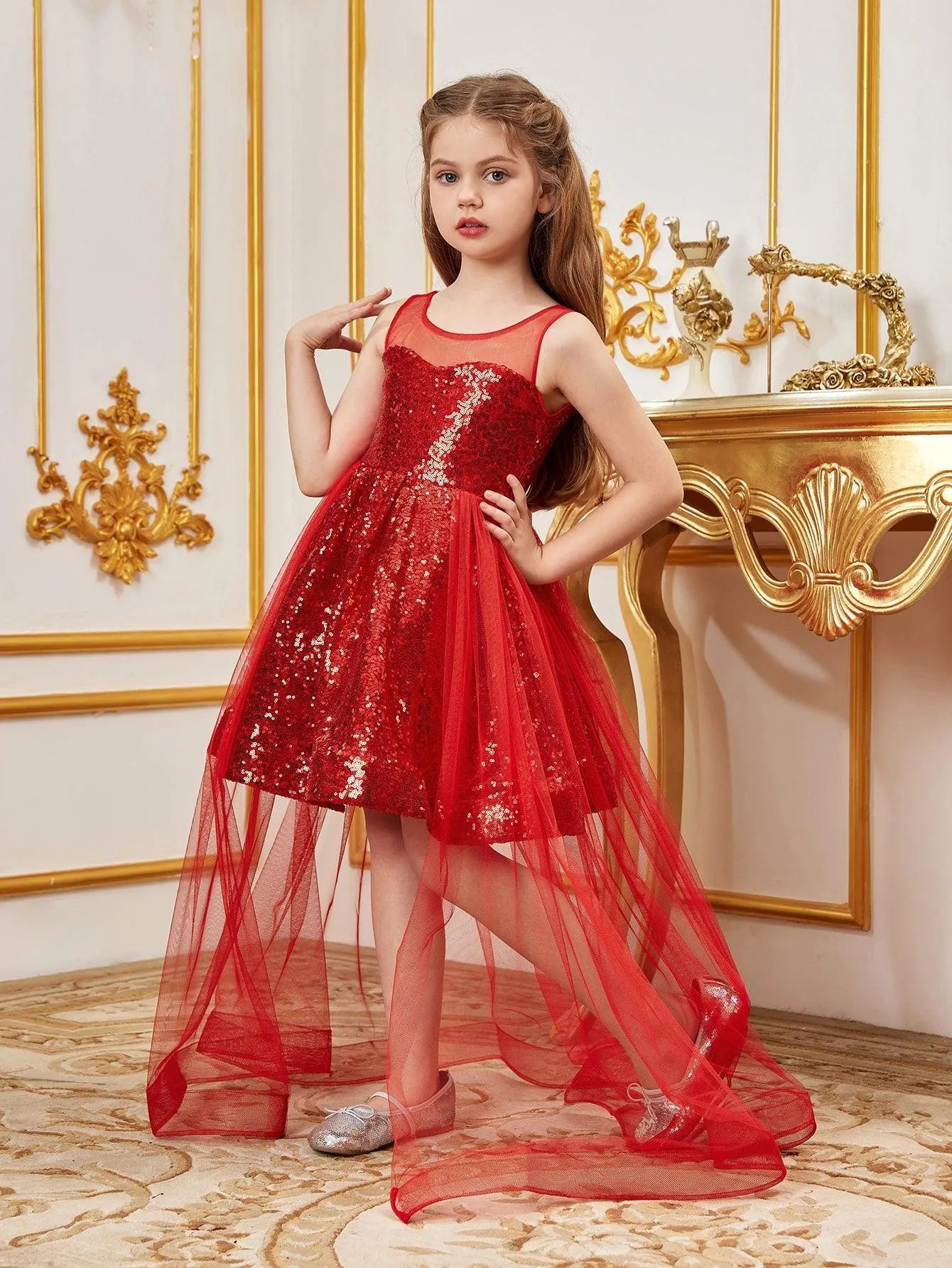 Additional product view of Contrast Mesh Sequin A-Line Sleeveless Midi Tween Girls' Party Dress