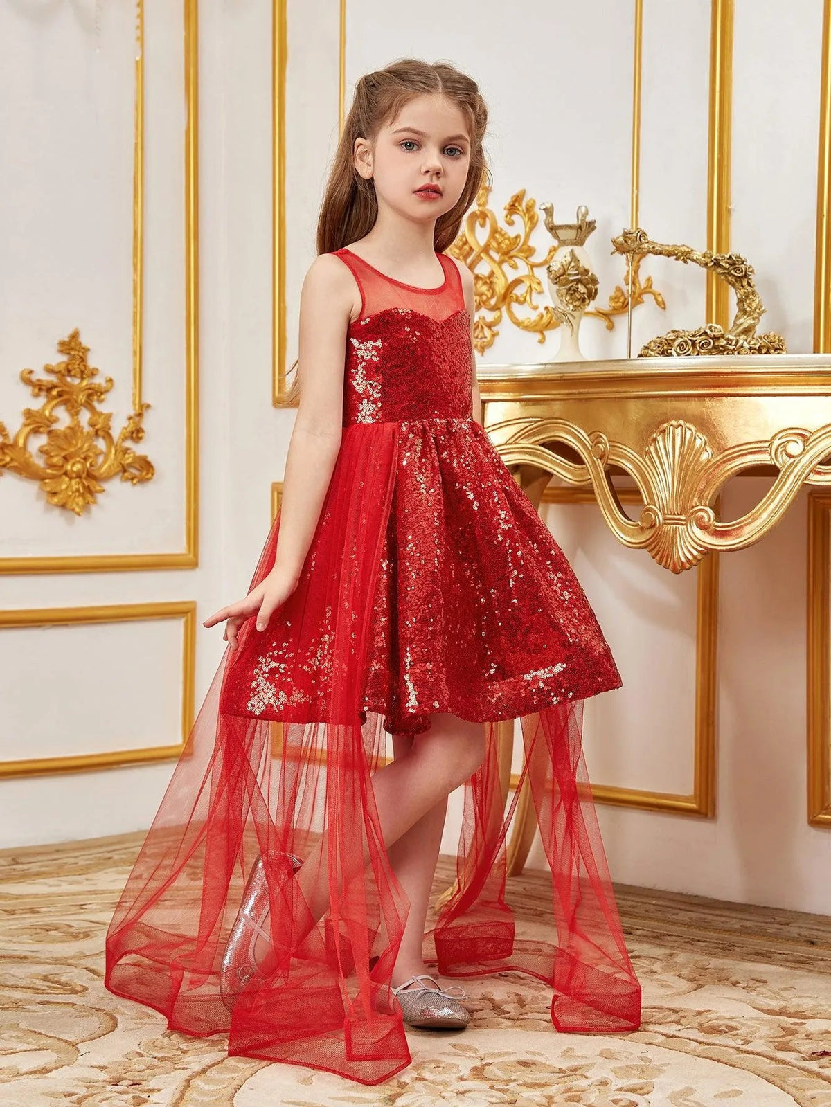 Additional product view of Contrast Mesh Sequin A-Line Sleeveless Midi Tween Girls' Party Dress