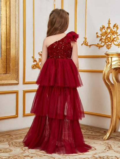 Additional product view of Layered Hem One-Shoulder Sequin A-Line Sleeveless Tween Girls' Party Dress