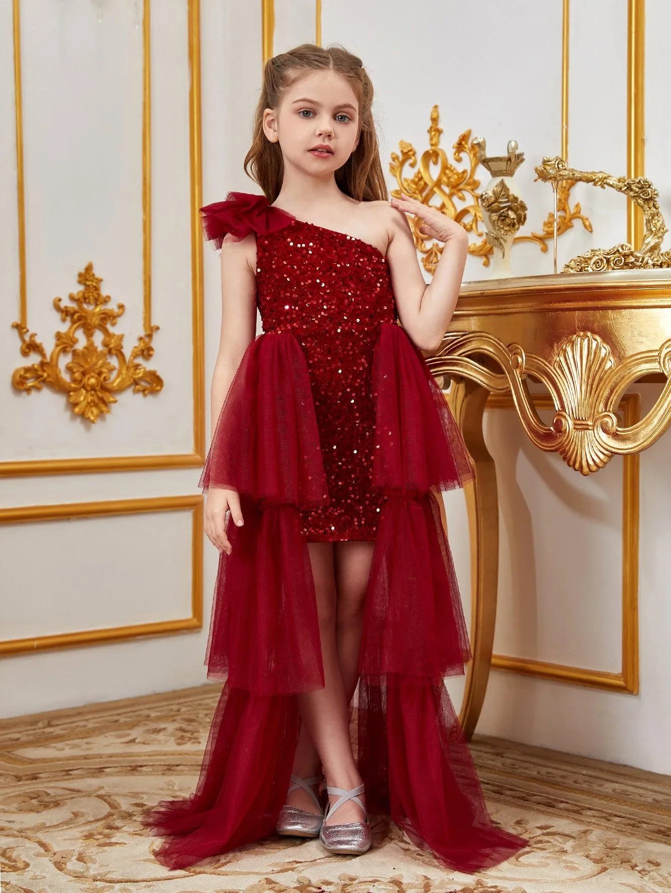 Alternate view of Layered Hem One-Shoulder Sequin A-Line Sleeveless Tween Girls' Party Dress in Burgundy