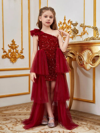 Alternate view of Layered Hem One-Shoulder Sequin A-Line Sleeveless Tween Girls' Party Dress in Burgundy