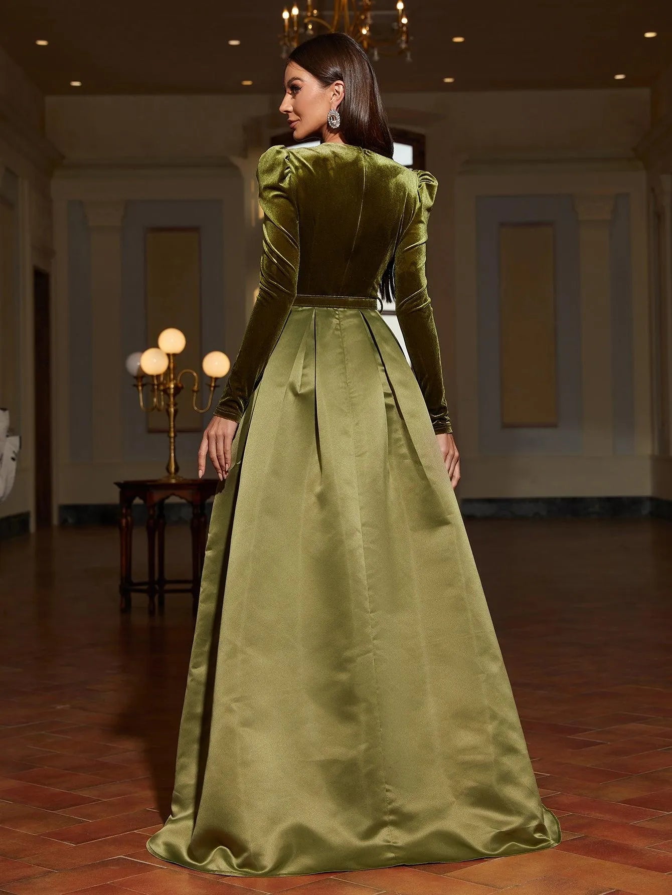 Additional product view of Surplice-Neck Belted V-Neck Satin A-Line Evening Gown