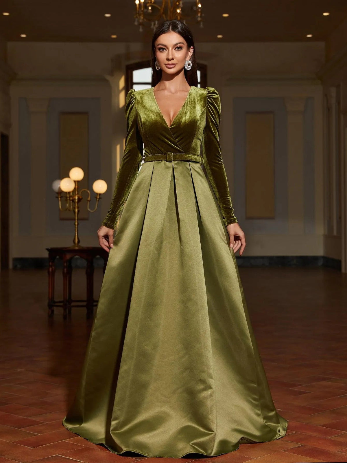 Alternate view of Surplice-Neck Belted V-Neck Satin A-Line Evening Gown in Army Green