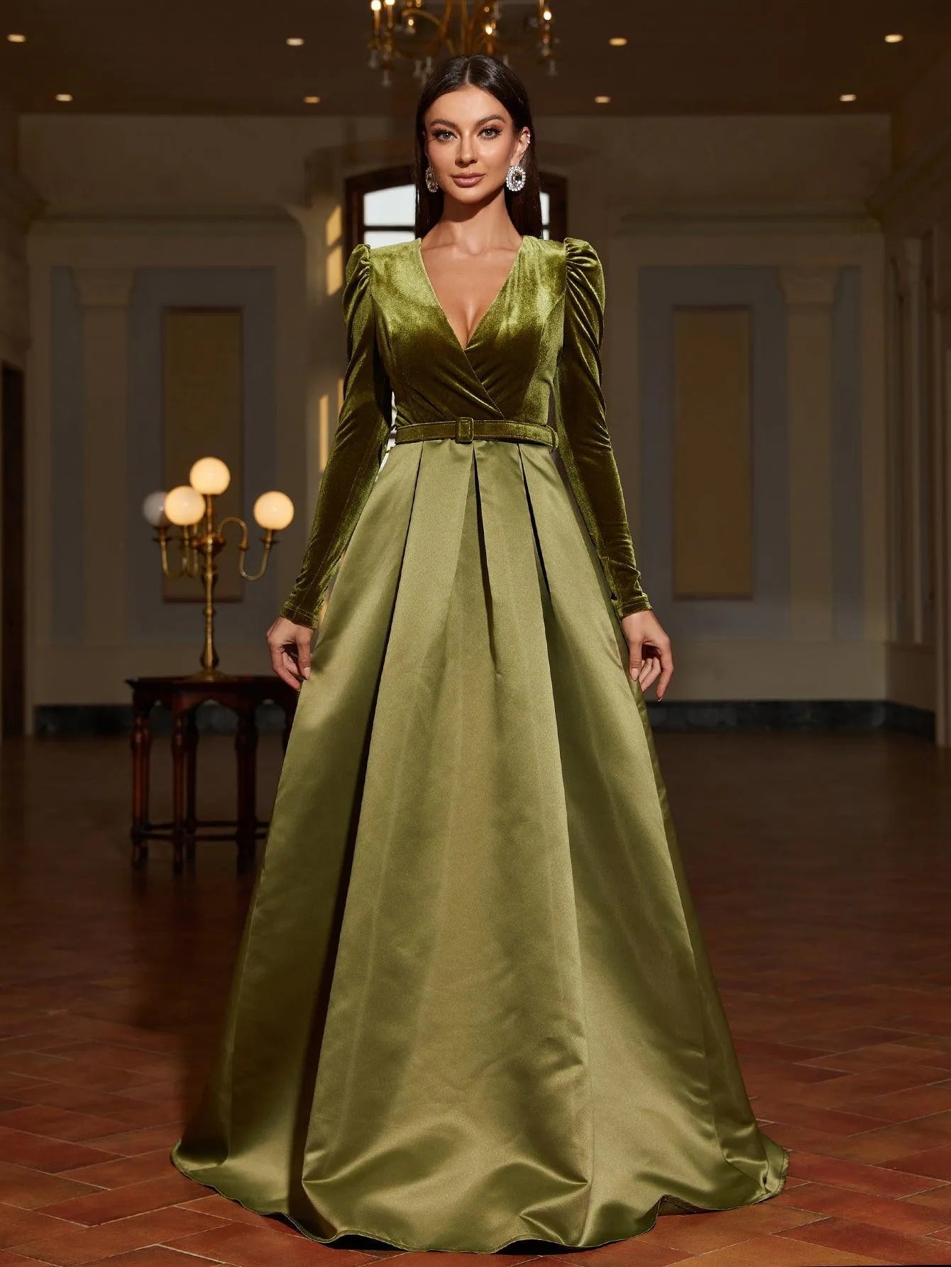 Alternate view of Surplice-Neck Belted V-Neck Satin A-Line Evening Gown in Army Green