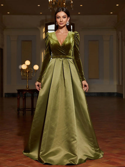 Alternate view of Surplice-Neck Belted V-Neck Satin A-Line Evening Gown in Army Green