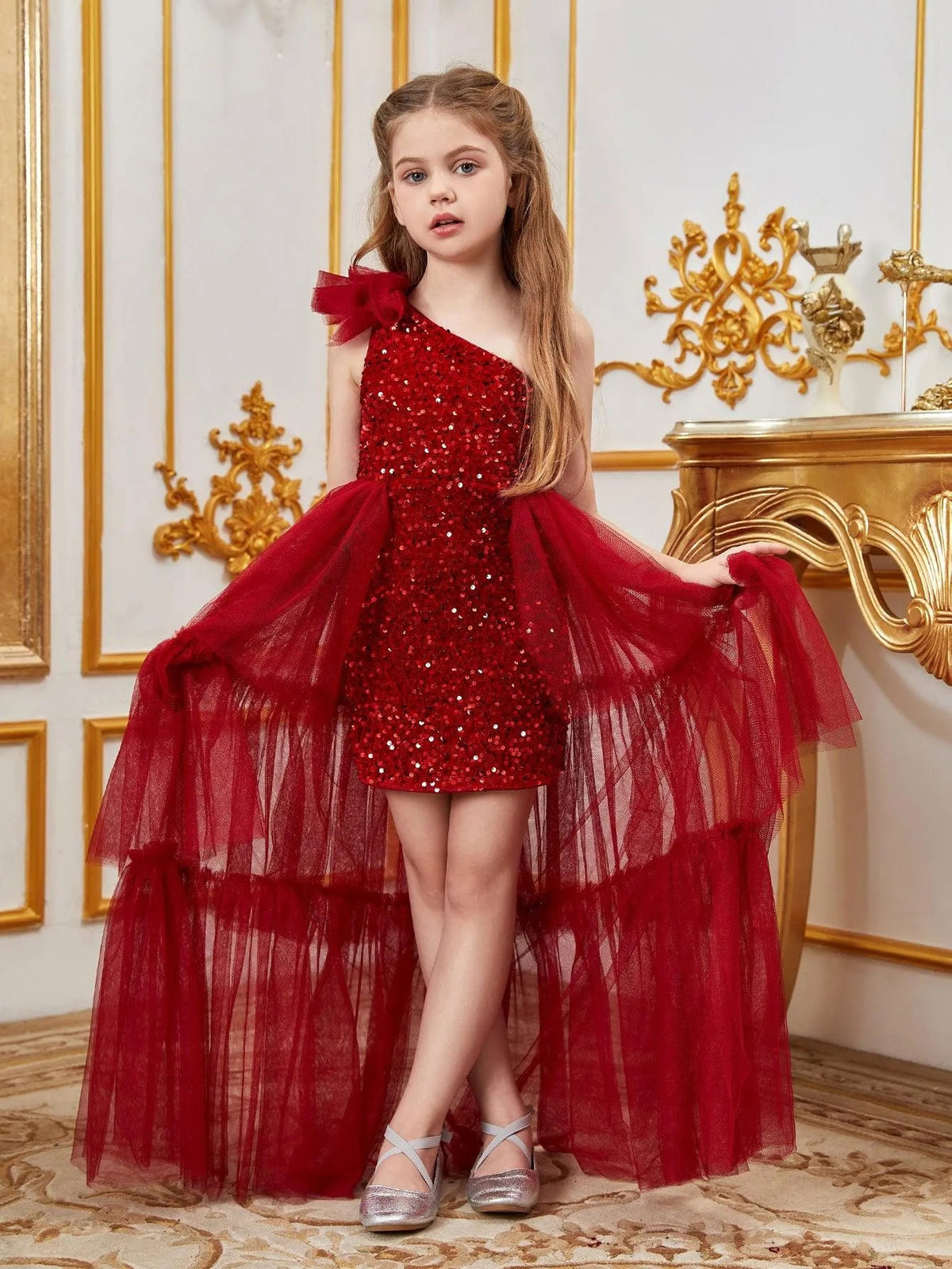 Additional product view of Layered Hem One-Shoulder Sequin A-Line Sleeveless Tween Girls' Party Dress