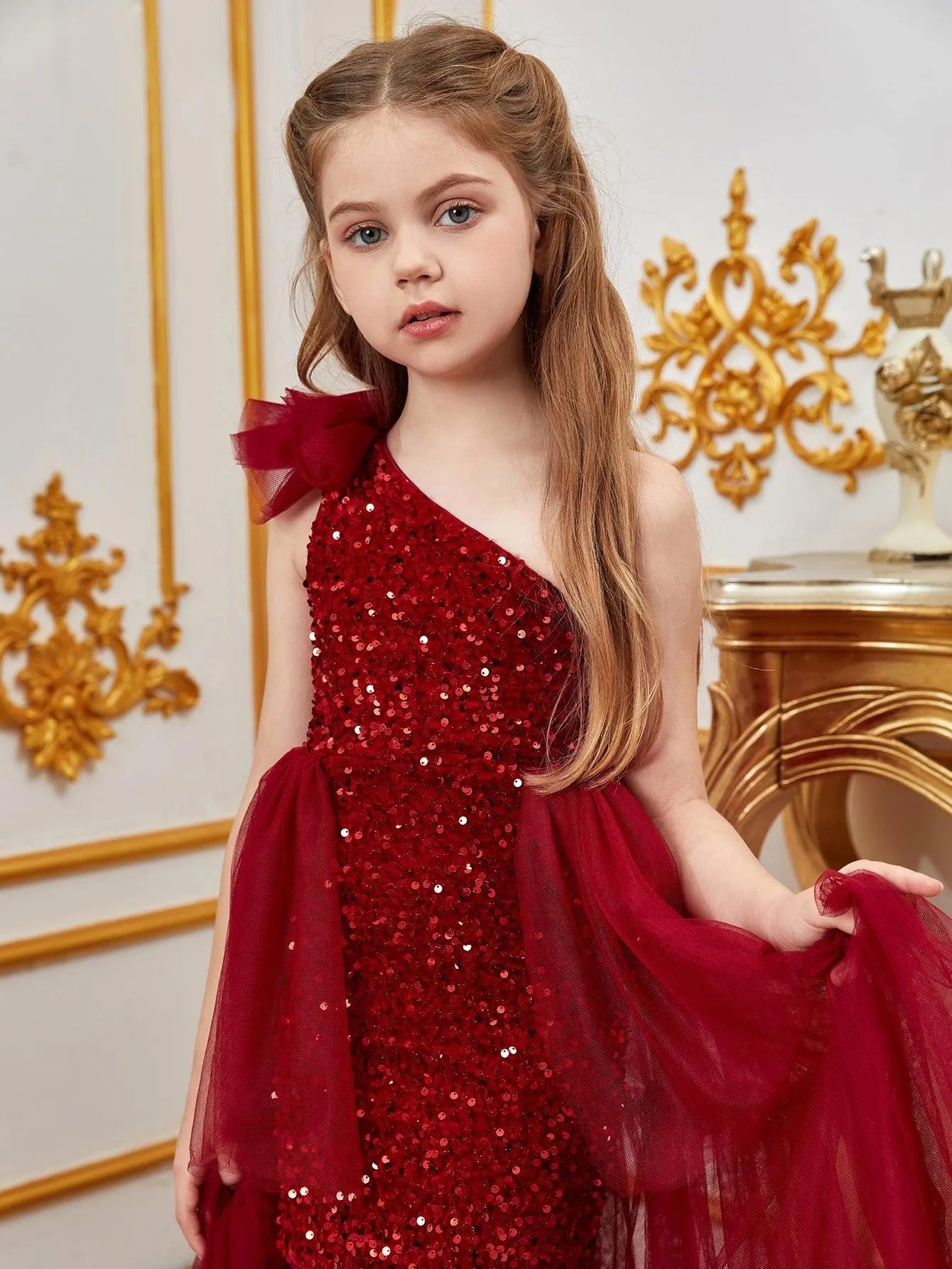 Additional product view of Layered Hem One-Shoulder Sequin A-Line Sleeveless Tween Girls' Party Dress