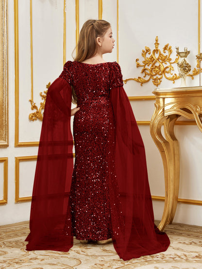 Additional product view of Cloak-Sleeve Belted Sweetheart-Neck Sequin Mermaid Tween Girls' Party Dress