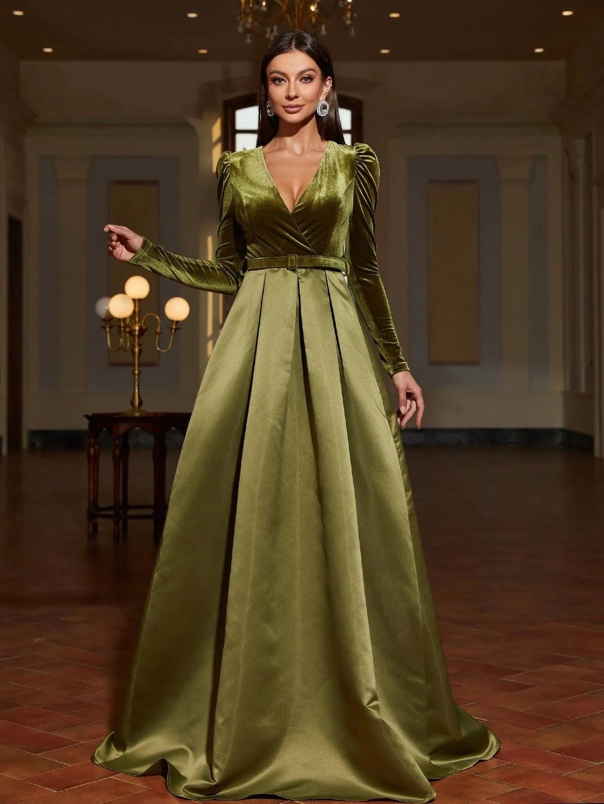 Additional product view of Surplice-Neck Belted V-Neck Satin A-Line Evening Gown