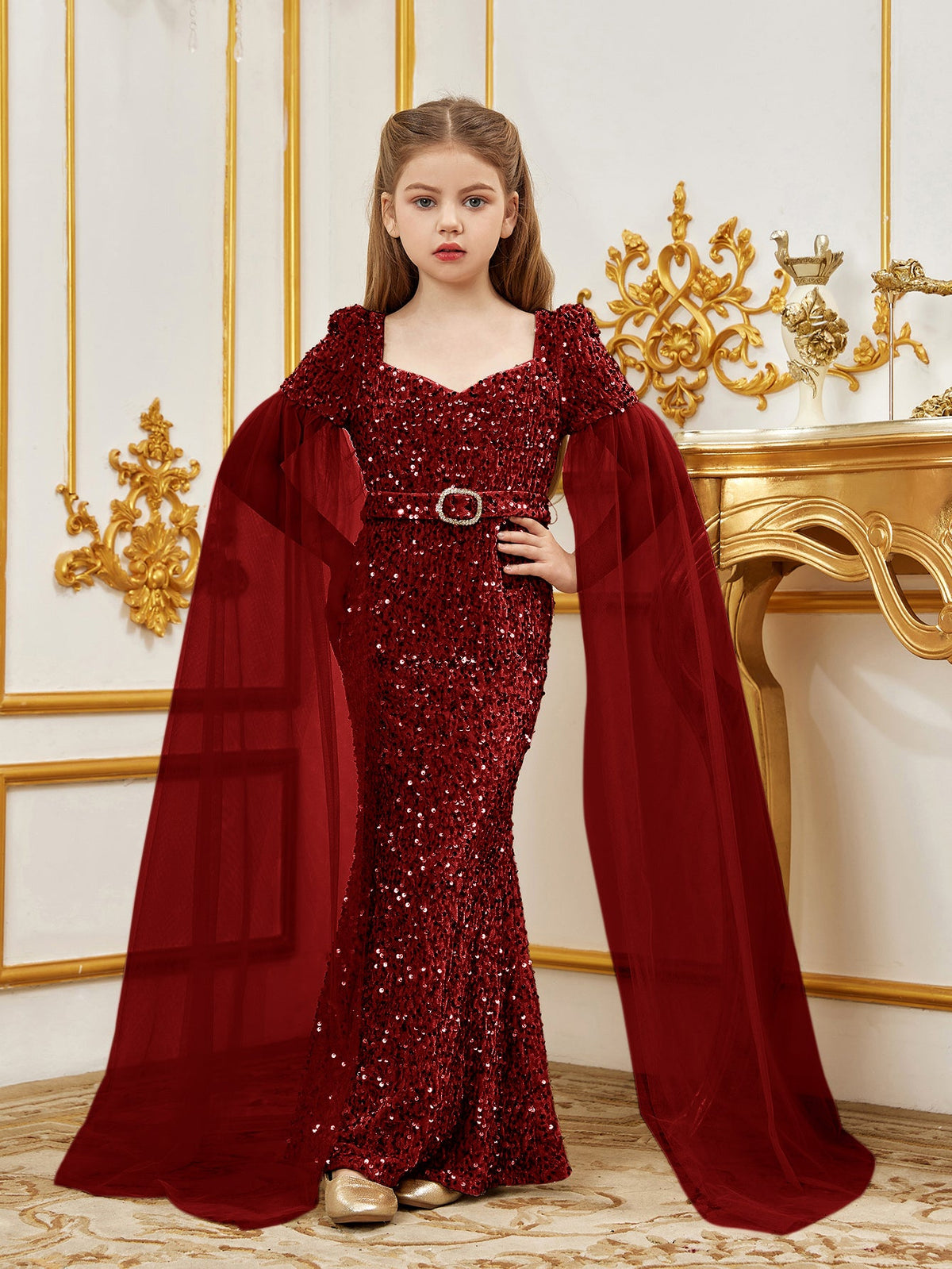 Additional product view of Cloak-Sleeve Belted Sweetheart-Neck Sequin Mermaid Tween Girls' Party Dress