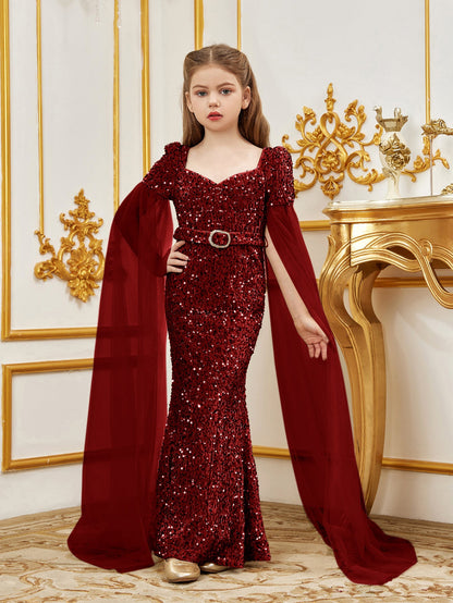 Additional product view of Cloak-Sleeve Belted Sweetheart-Neck Sequin Mermaid Tween Girls' Party Dress