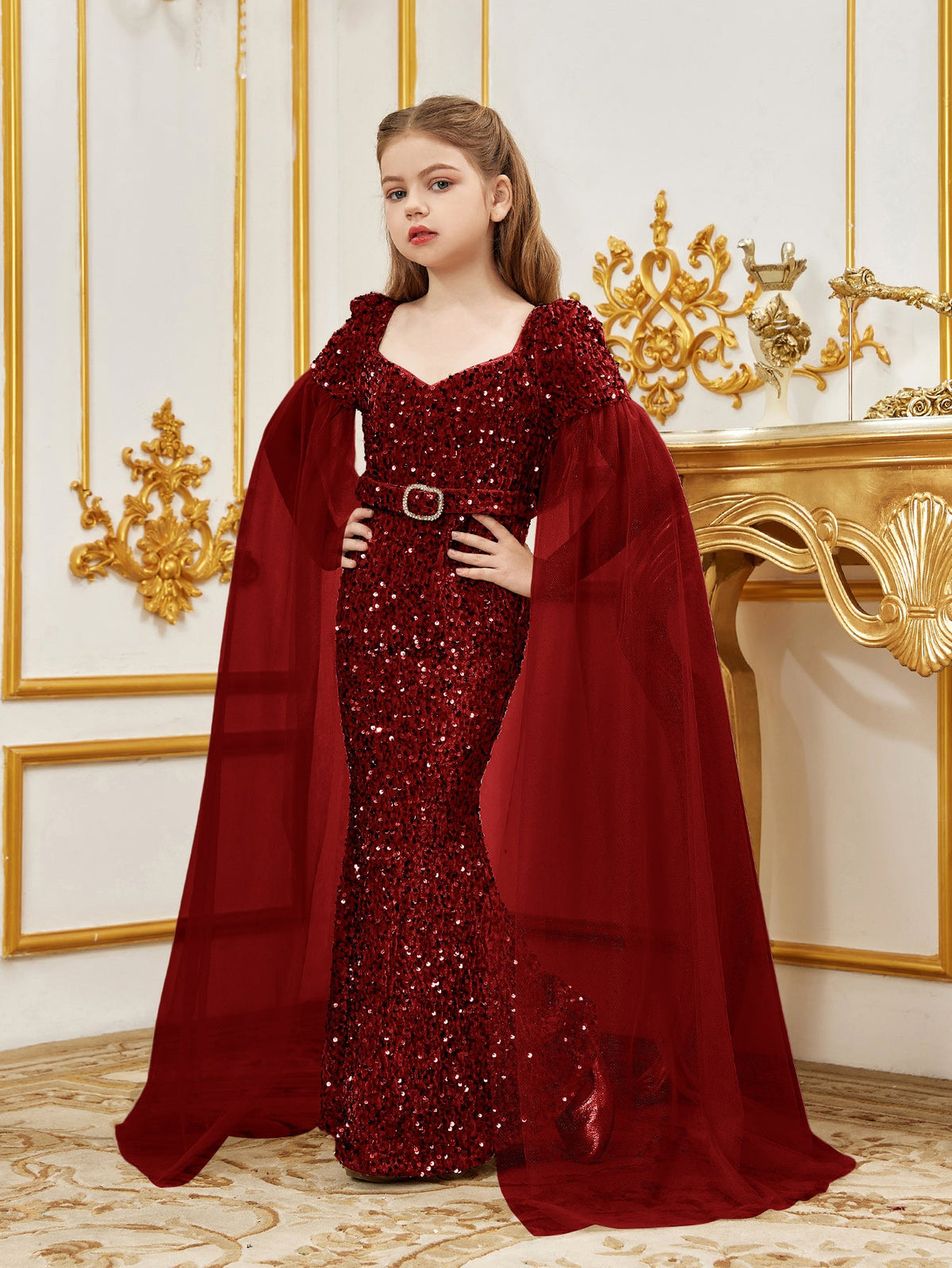 Additional product view of Cloak-Sleeve Belted Sweetheart-Neck Sequin Mermaid Tween Girls' Party Dress
