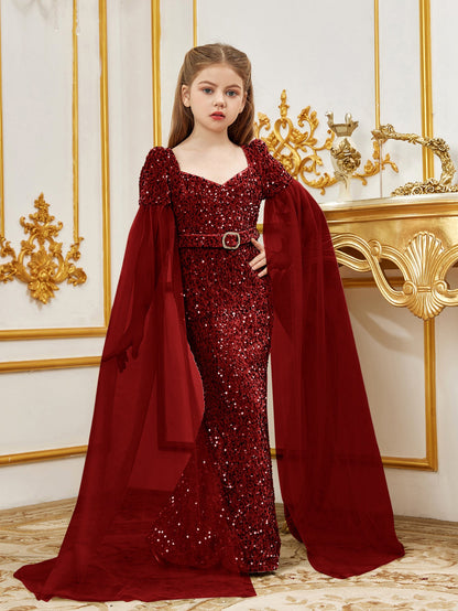 Additional product view of Cloak-Sleeve Belted Sweetheart-Neck Sequin Mermaid Tween Girls' Party Dress