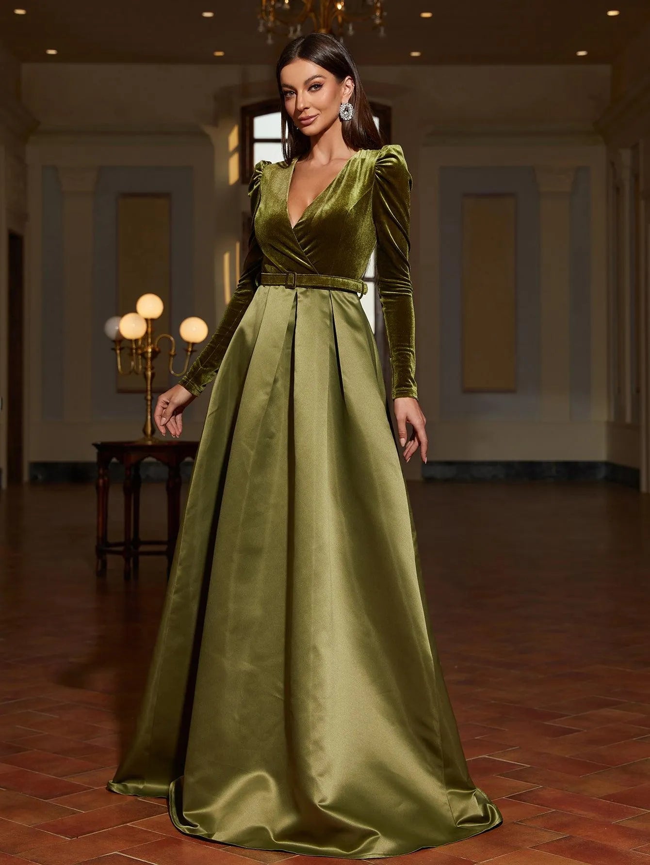 Additional product view of Surplice-Neck Belted V-Neck Satin A-Line Evening Gown