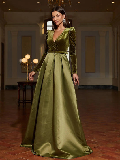Additional product view of Surplice-Neck Belted V-Neck Satin A-Line Evening Gown