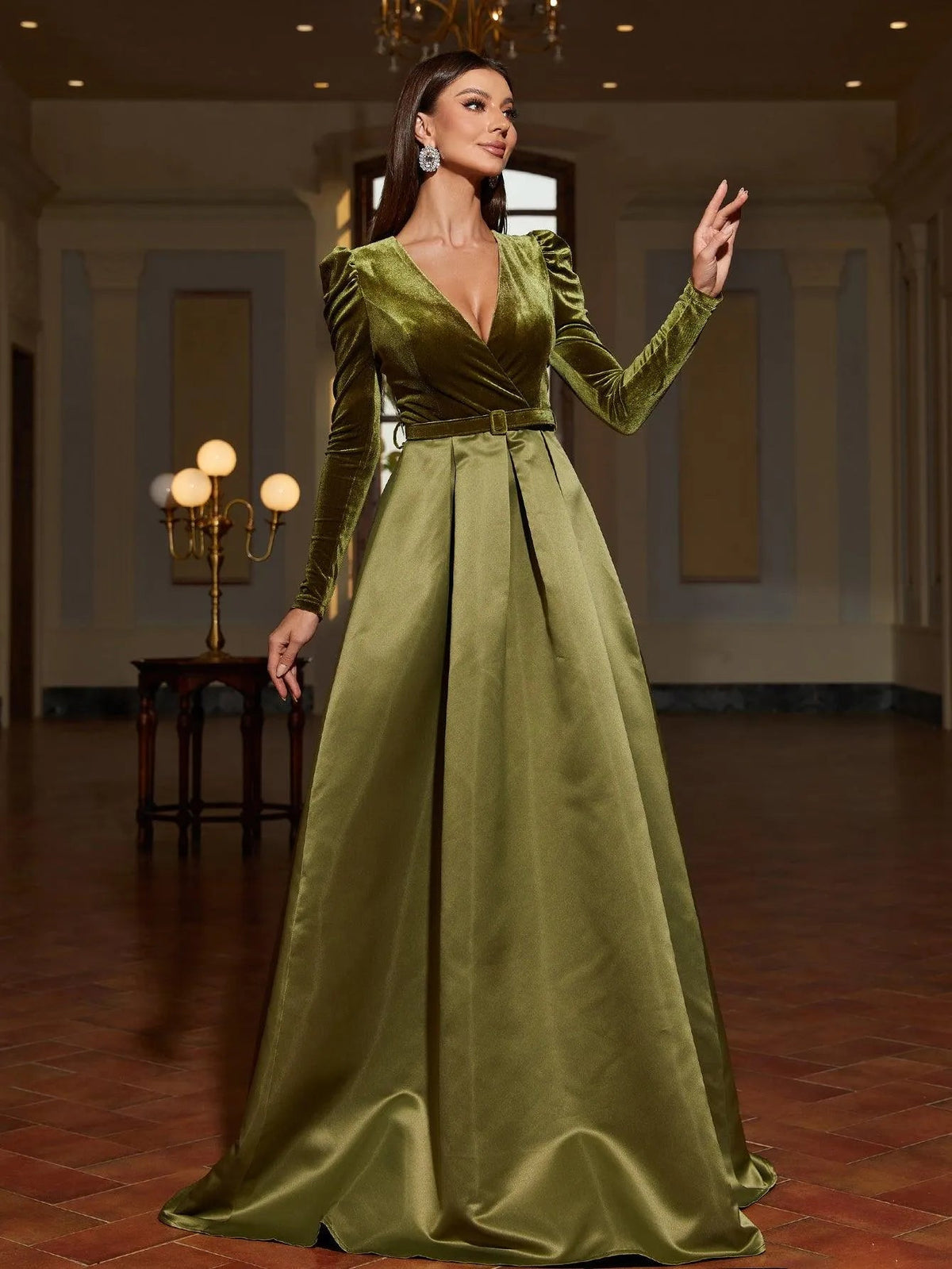 Additional product view of Surplice-Neck Belted V-Neck Satin A-Line Evening Gown