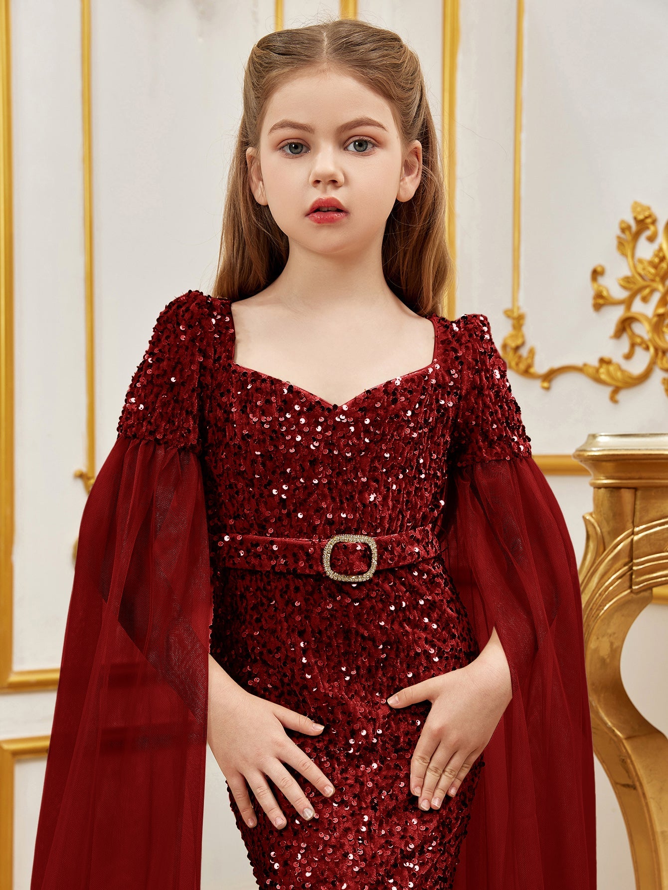 Additional product view of Cloak-Sleeve Belted Sweetheart-Neck Sequin Mermaid Tween Girls' Party Dress
