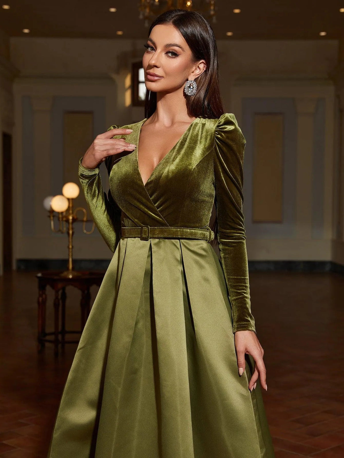 Additional product view of Surplice-Neck Belted V-Neck Satin A-Line Evening Gown