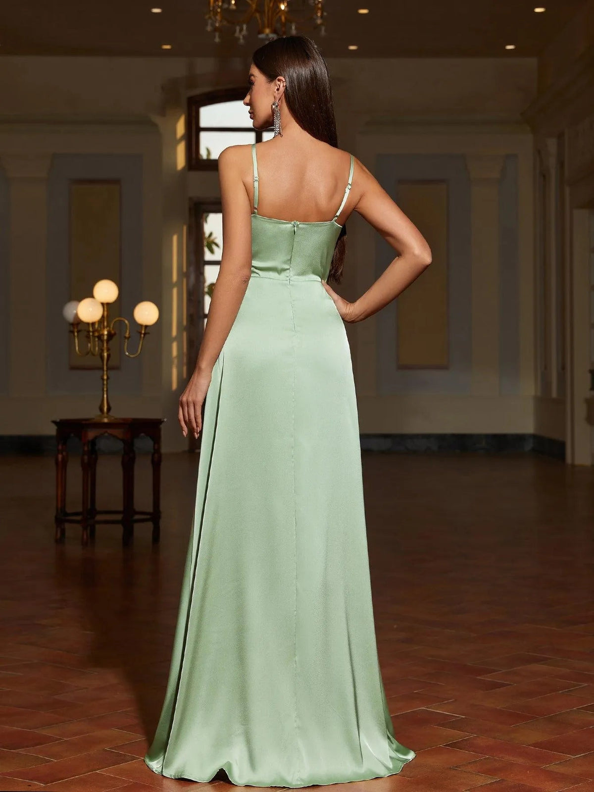 Additional product view of Ruffle Trim Cami Strap Satin High-Slit A-Line Evening Gown