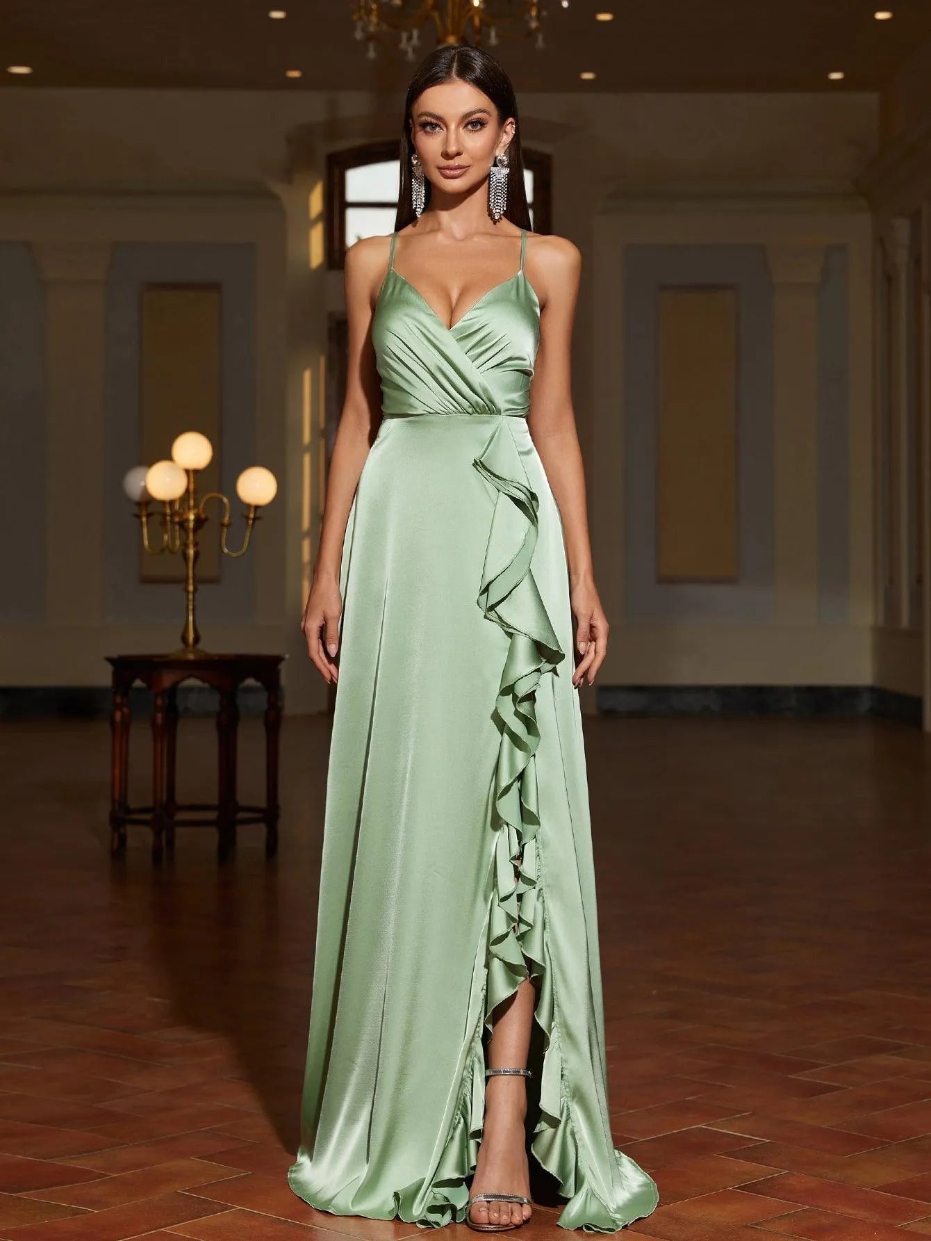 Additional product view of Ruffle Trim Cami Strap Satin High-Slit A-Line Evening Gown