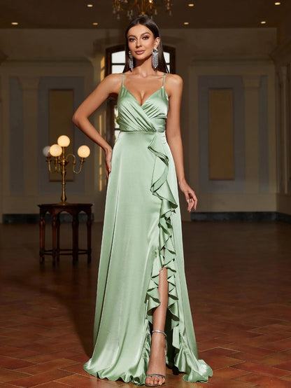 Additional product view of Ruffle Trim Cami Strap Satin High-Slit A-Line Evening Gown