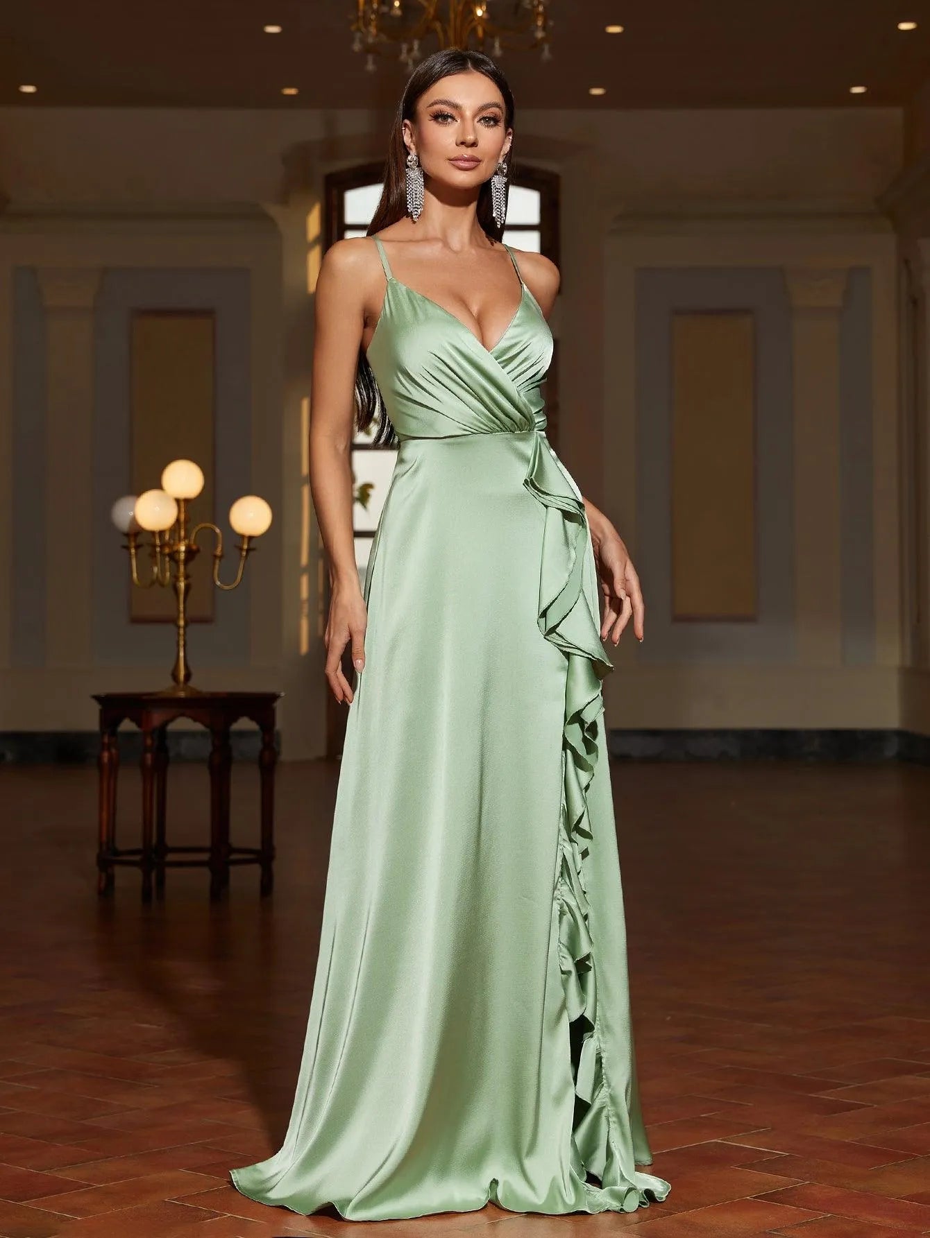 Additional product view of Ruffle Trim Cami Strap Satin High-Slit A-Line Evening Gown