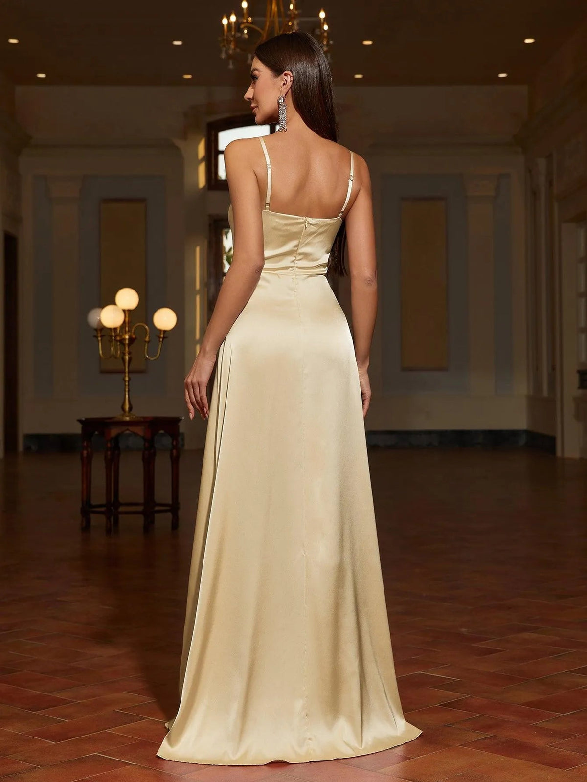 Additional product view of Ruffle Trim Cami Strap Satin High-Slit A-Line Evening Gown