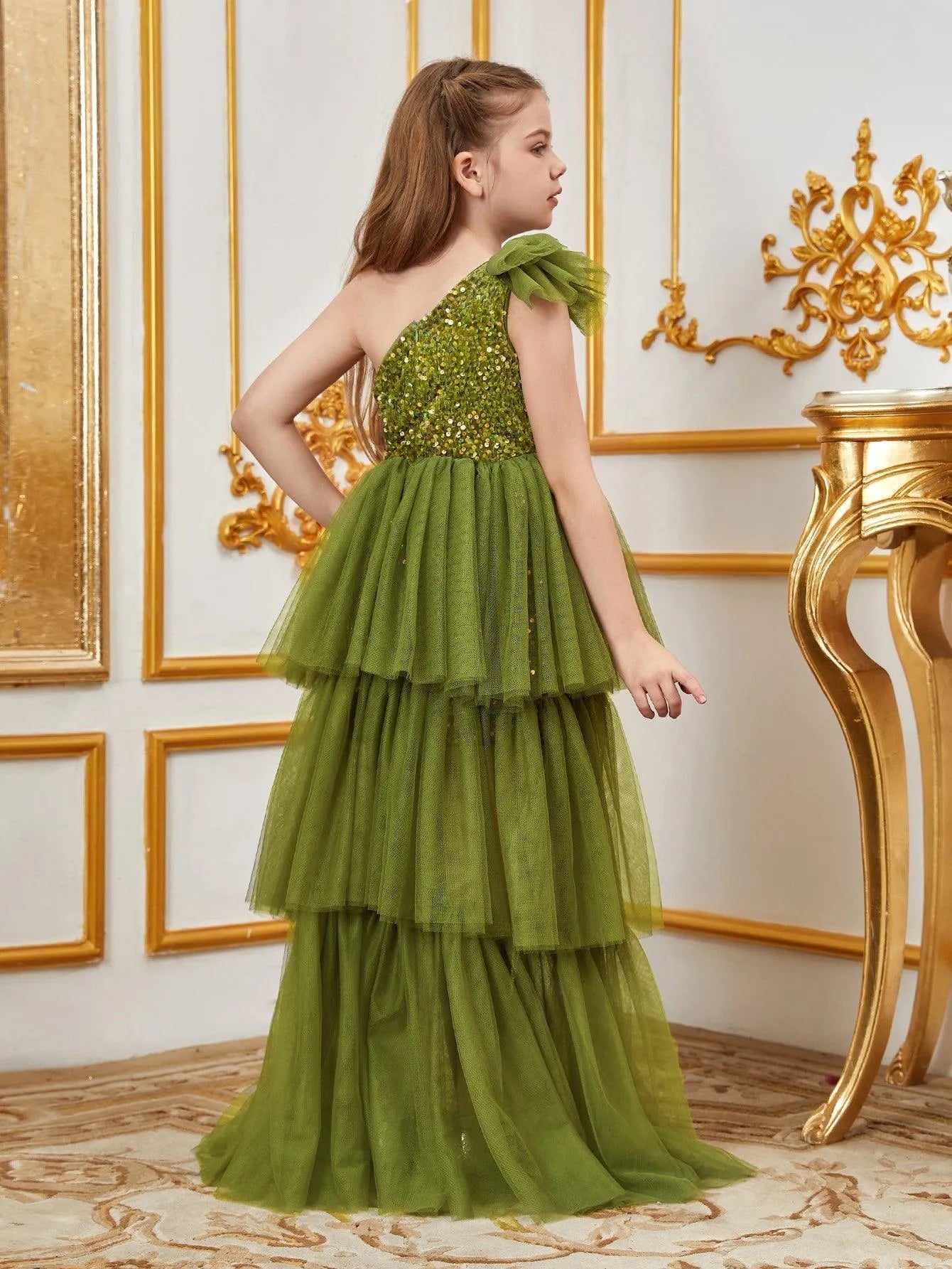 Additional product view of Layered Hem One-Shoulder Sequin A-Line Sleeveless Tween Girls' Party Dress