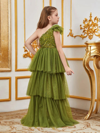 Additional product view of Layered Hem One-Shoulder Sequin A-Line Sleeveless Tween Girls' Party Dress