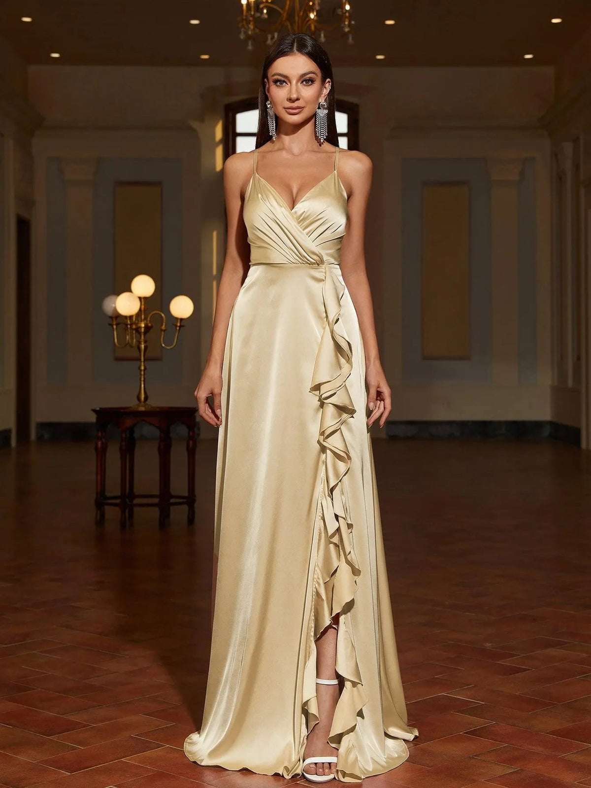 Additional product view of Ruffle Trim Cami Strap Satin High-Slit A-Line Evening Gown