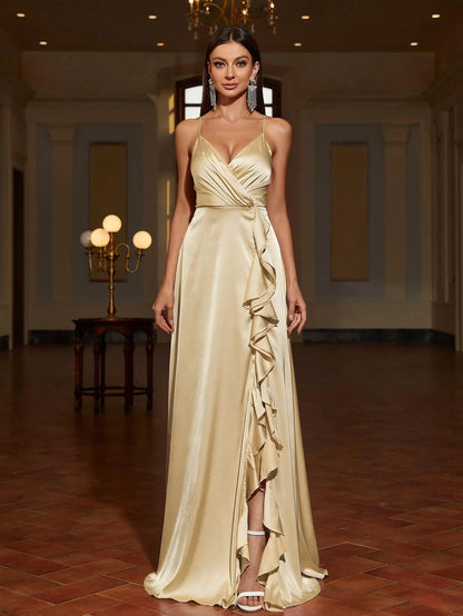 Additional product view of Ruffle Trim Cami Strap Satin High-Slit A-Line Evening Gown