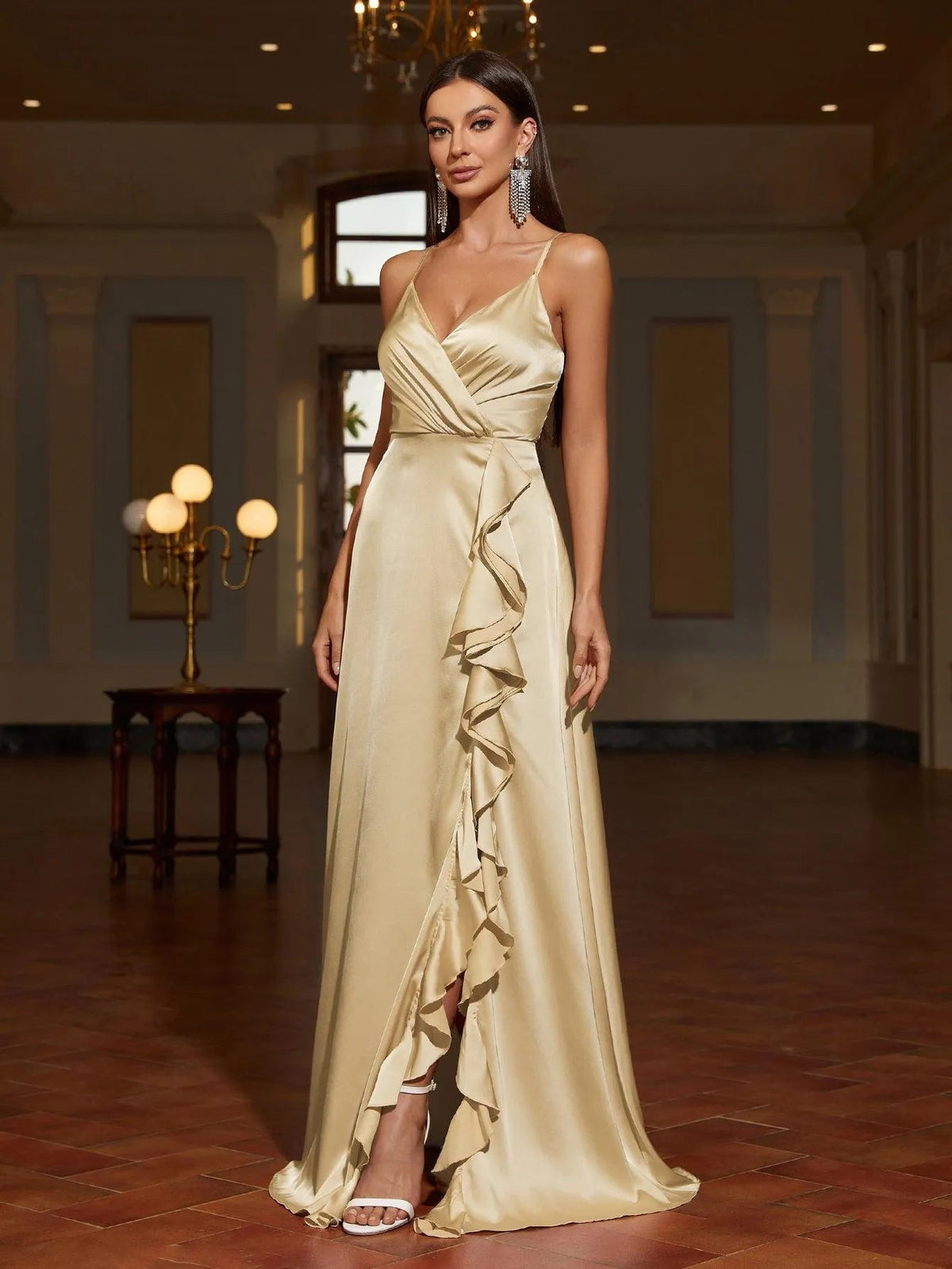 Additional product view of Ruffle Trim Cami Strap Satin High-Slit A-Line Evening Gown