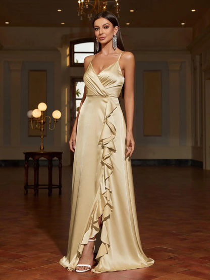 Additional product view of Ruffle Trim Cami Strap Satin High-Slit A-Line Evening Gown