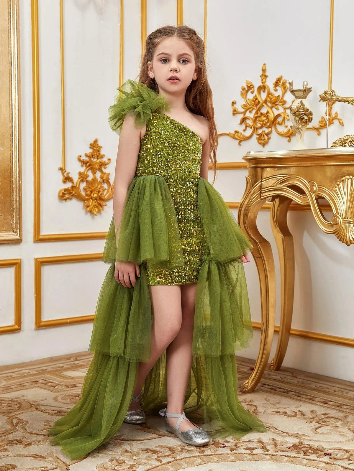 Additional product view of Layered Hem One-Shoulder Sequin A-Line Sleeveless Tween Girls' Party Dress