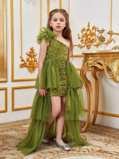Additional product view of Layered Hem One-Shoulder Sequin A-Line Sleeveless Tween Girls' Party Dress