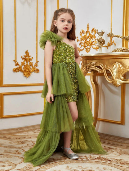 Additional product view of Layered Hem One-Shoulder Sequin A-Line Sleeveless Tween Girls' Party Dress