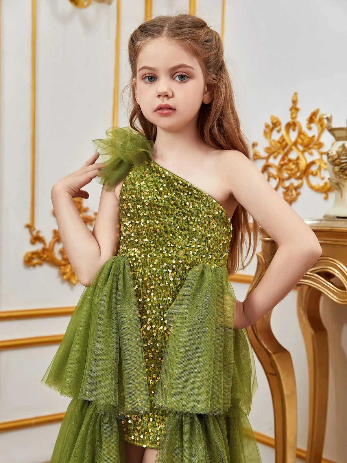 Additional product view of Layered Hem One-Shoulder Sequin A-Line Sleeveless Tween Girls' Party Dress