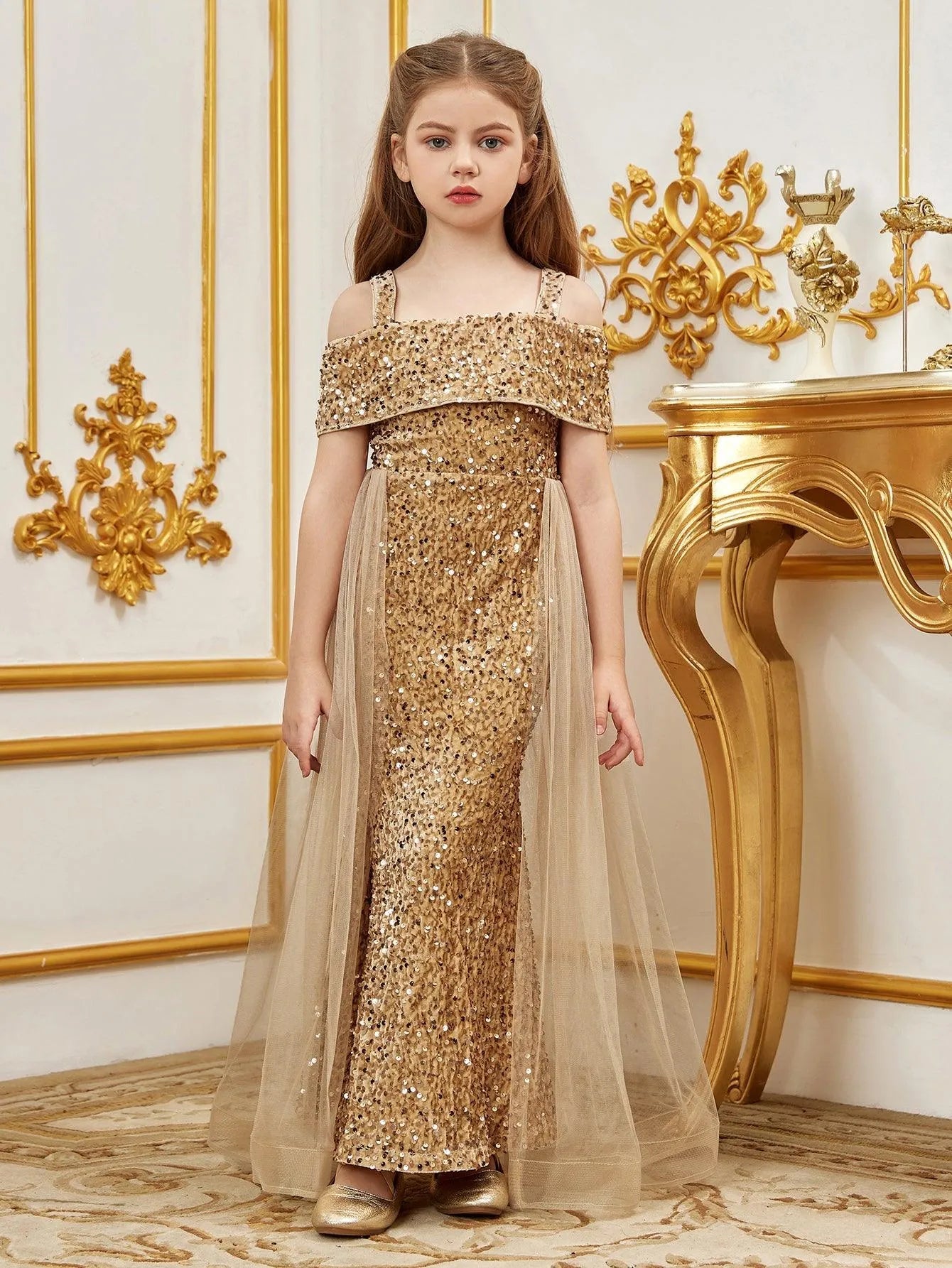 Additional product view of Mesh Overlay Off-Shoulder Sequin Mermaid Short-Sleeve Tween Girls' Party Dress