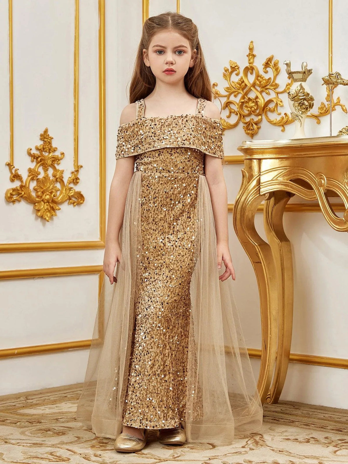 Additional product view of Mesh Overlay Off-Shoulder Sequin Mermaid Short-Sleeve Tween Girls' Party Dress