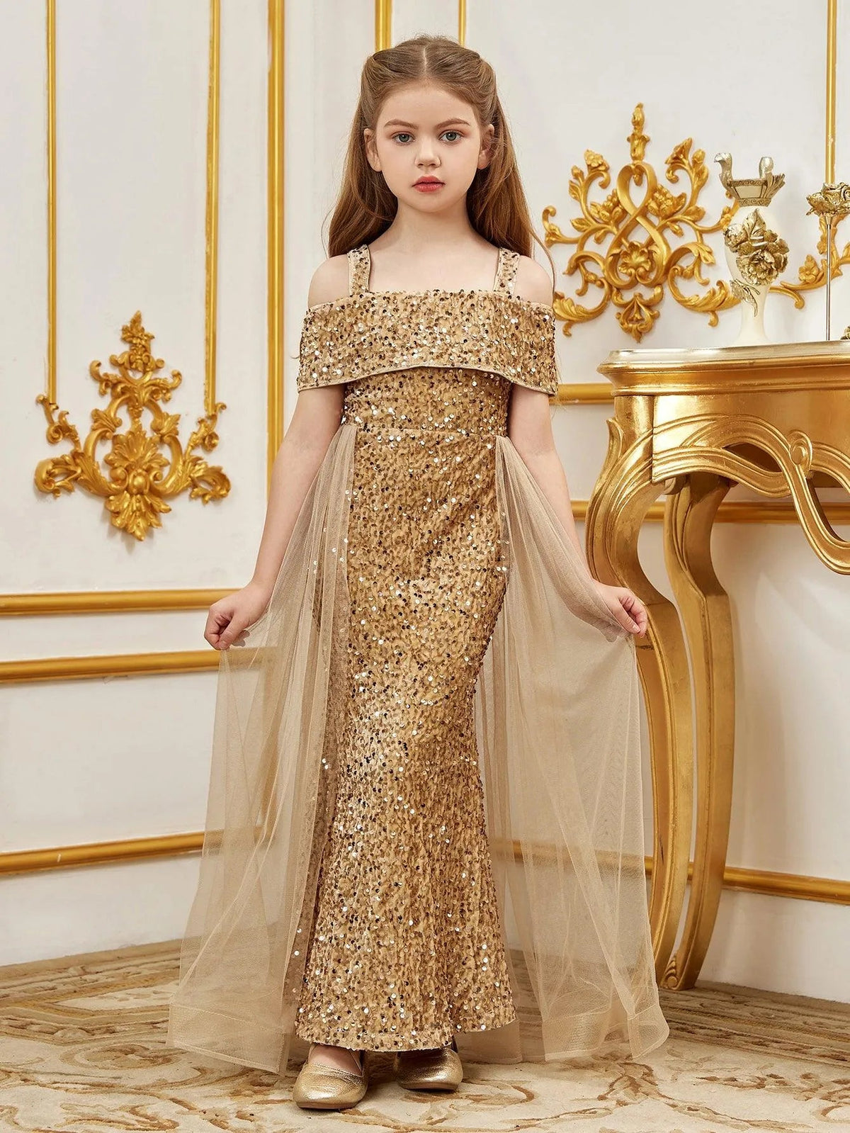 Alternate view of Mesh Overlay Off-Shoulder Sequin Mermaid Short-Sleeve Tween Girls' Party Dress in Champagne