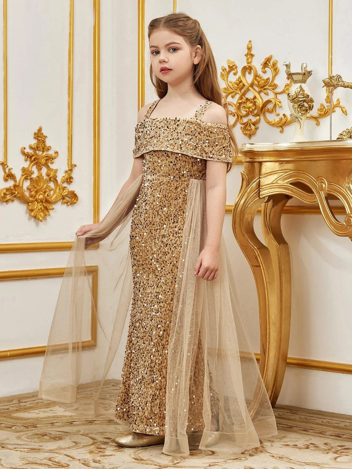 Additional product view of Mesh Overlay Off-Shoulder Sequin Mermaid Short-Sleeve Tween Girls' Party Dress