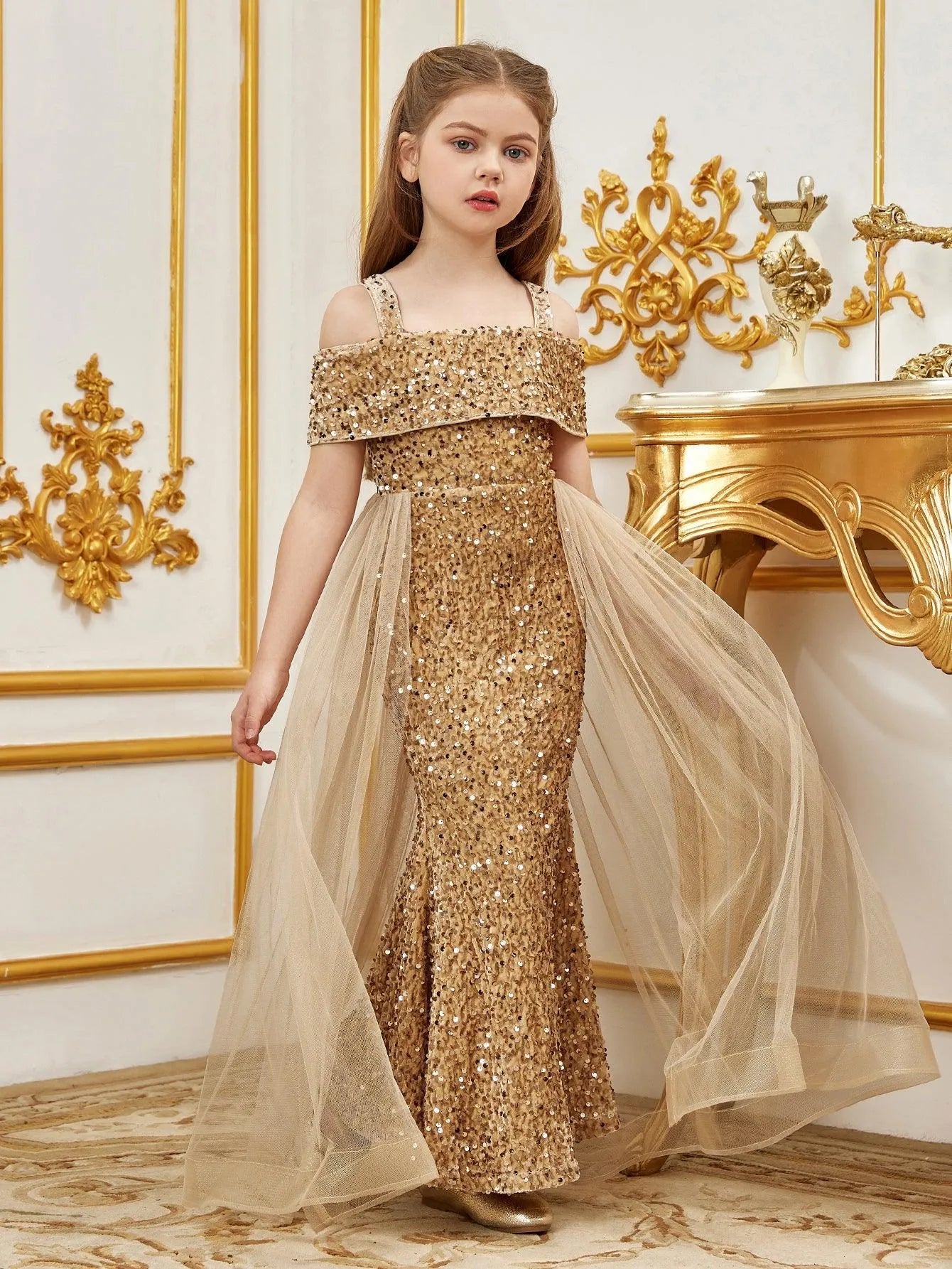 Additional product view of Mesh Overlay Off-Shoulder Sequin Mermaid Short-Sleeve Tween Girls' Party Dress