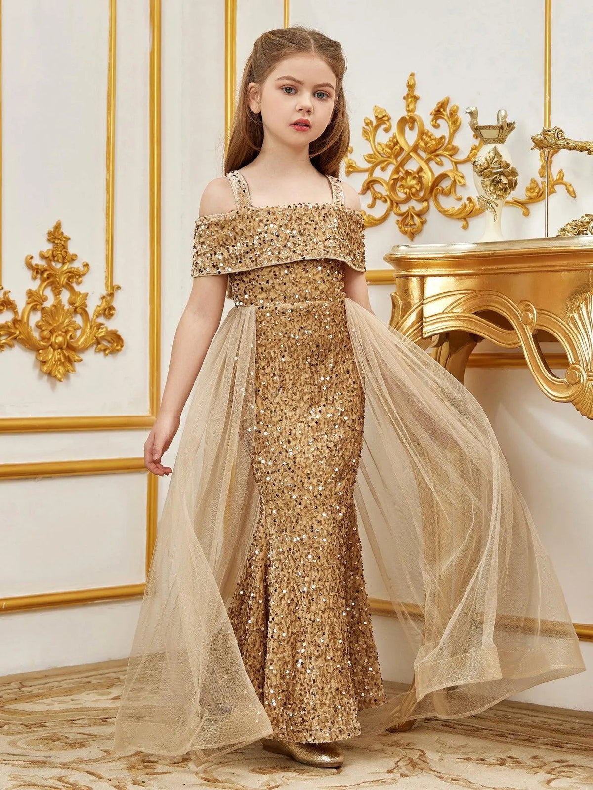 Additional product view of Mesh Overlay Off-Shoulder Sequin Mermaid Short-Sleeve Tween Girls' Party Dress
