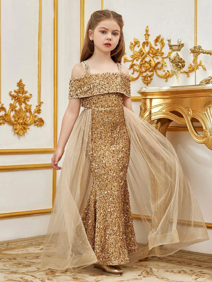Additional product view of Mesh Overlay Off-Shoulder Sequin Mermaid Short-Sleeve Tween Girls' Party Dress